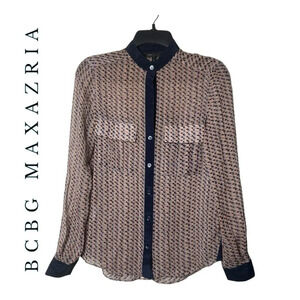1472. BCBG MAXAZRIA LONG SLEEVE TOP‎ SHEER GEOMETRICAL SHAPE PATTERN SIZE XXS